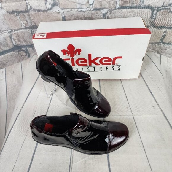 Rieker Patent Leather Derby Ankle Shoes Shoeties Two-Tone Black Burgundy Size 38 - Picture 5 of 16